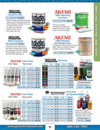 Resin, Epoxy & Acrylic
Coloring Pastes
Colorants
Colorants
for Epoxies/Resins
• Liquid tints - easier
mixing than paste tints
• Squeeze bottles facilitate
consistent color match
Color 2 oz. Price 8 oz. Price
White 0301-0082 $6.95 0301-0115 $22.95
Black 0301-0083 $6.95 0301-0099 $22.95
Red 0301-0084 $6.95 0301-0159 $22.95
Red-
Brown
0301-0085 $6.95 0301-0114 $22.95
Blue 0301-0086 $6.95 0301-0160 $22.95
Yellow 0301-0087 $6.95 0301-0161 $22.95
Brown 0301-0088 $6.95 0301-0110 $22.95
Buff 0301-0089 $6.95 0301-0111 $22.95
Gray 0301-0090 $6.95 0301-0112 $22.95
Green 0301-0091 $6.95 0301-0113 $22.95
10 Color (2oz) Kit
0301-0092 $69.95
Resin Colors
Color Paste
1 OZ. Tubes
Color Item # Price
Red 0303-0005 $6.95
Red-Brown 0303-0006 $5.95
White 0303-0007 $5.95
Black 0303-0008 $5.95
Ochre 0303-0009 $5.95
Green 0303-0010 $5.95
Brown 0303-0011 $5.95
Blue 0303-0012 $6.95
8 Color (1oz) Kit 0303-0024 $44.95
Color Item # Price
Red 0301-0003 $6.95
Red-Brown 0301-0010 $5.95
White 0301-0005 $5.95
Black 0301-0006 $5.95
Ochre 0301-0007 $5.95
Green 0301-0008 $5.95
Brown 0301-0004 $5.95
Blue 0301-0009 $5.95
8 Color (1oz) Kit 0301-0042 $44.95
Epoxy Colors1 OZ. Tubes
Color Paste
Color 1 oz. Price 8 oz. Price
Buff 0303-0165 $3.95 0303-0175 $19.95
Gray 0303-0166 $3.95 0303-0176 $19.95
Ochre 0303-0145 $3.95 0303-0174 $19.95
Black 0303-0141 $3.95 0303-0167 $19.95
Red-
Brown
0303-0143 $3.95 0303-0170 $19.95
Green 0303-0146 $3.95 0303-0171 $19.95
Brown 0303-0148 $3.95 0303-0173 $19.95
Blue 0303-0147 $3.95 0303-0172 $19.95
Red 0303-0144 $3.95 0303-0169 $19.95
White 0303-0142 $3.95 0303-0168 $19.95
10 Color (1oz) Kit
0303-0140 $35.98
77
Knife Grade
Knife Grade
Cure Time:
10-20min
Cure Time:
10-20min
Travertine Filler
• Ideal for filling, bonding & repairing
travertine and other porous stones.
• Tinted adhesive matches the color
of most travertine stone.
• Accepts resin coloring
paste to match stone.
• For indoor use only.
White Polyester
Colored to match white stones
and will not change color during
the curing process! Non-sagging
formula allows usage for vertical
and horizontal applications.
Qt. 0303-0106 $19.25Qt. 0303-0106 $19.95
Qt. 0303-0138 $15.95
1000 Light Ivory
Travertine
Soft and smoother
consistency for filling and
repairing Travertine. Easily
model corners and edges.
1000 ml 0301-0326 $25.95
Knife Grade
1000 Polyester
Buff Marble Filler
For gluing and filling natural and cast
stone. Works for vertical surfaces,
excellent surface hardening.
900 ml 0303-0130 $24.95
Knife Grade
ADHESIVES&EPOXIES-POLYESTERRESINS-COLORED/COLORKITS
 
