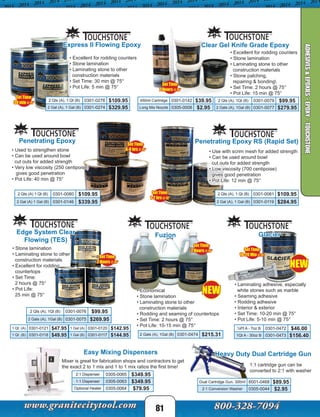 1:1 cartridge gun can be
converted to 2:1 with washer
Heavy Duty Dual Cartridge Gun
Dual Cartridge Gun, 300ml 6001-0468 $89.95
2:1 Conversion Washer 0305-0044 $2.95
81
Express II Flowing Epoxy
Penetrating Epoxy
• Excellent for rodding counters
• Stone lamination
• Laminating stone to other
construction materials
• Set Time: 30 min @ 75°
• Pot Life: 5 min @ 75°
• Used to strengthen stone
• Can be used around bowl
cut outs for added strength
• Very low viscosity (250 centipoise)
gives good penetration
• Pot Life: 40 min @ 75°
• Excellent for rodding counters
• Stone lamination
• Laminating stone to other
construction materials
• Stone patching,
repairing & bonding
• Set Time: 2 hours @ 75°
• Pot Life: 15 min @ 75°
Clear Gel Knife Grade Epoxy
Penetrating Epoxy RS (Rapid Set)
• Use with scrim mesh for added strength
• Can be used around bowl
cut outs for added strength
• Low viscosity (700 centipoise)
gives good penetration
• Pot Life: 12 min @ 75°
Set Time:
30 min @ 75°
Set Time:
2 Hours @ 75°
Set Time:
6-8 hrs @ 75°
Set Time:
1-2 hrs @ 75°
Edge System Clear
Flowing (TES)
• Stone lamination
• Laminating stone to other
construction materials
• Excellent for rodding
countertops
• Set Time:
2 hours @ 75°
• Pot Life:
25 min @ 75°
2 Qts (A), 1Qt (B) 0301-0076 $99.95
2 Gals (A), 1Gal (B) 0301-0075 $269.95
Fuzion
2 Gals (A), 1Gal (B) 0301-0474 $215.31
• Economical
• Stone lamination
• Laminating stone to other
construction materials
• Rodding and seaming of countertops
• Set Time: 2 hours @ 75°
• Pot Life: 10-15 min @ 75°
Set Time:
2 Hours @ 75°
Set Time:
2 Hours @ 75°
Glacier
• Laminating adhesive, especially
white stones such as marble
• Seaming adhesive
• Rodding adhesive
• Interior & exterior
• Set Time: 10-20 min @ 75°
• Pot Life: 5-10 min @ 75°
½Pt A - 7oz B 0301-0472 $46.00
1Qt A - 30oz B 0301-0473 $156.40
Set Time:
10-20 Min @ 75°
Easy Mixing Dispensers
2:1 Dispenser 0305-0065 $349.95
1:1 Dispenser 0305-0063 $349.95
Optional Heater 0305-0064 $79.95
Mixer is great for fabrication shops and contractors to get
the exact 2 to 1 mix and 1 to 1 mix ratios the first time!
ADHESIVES&EPOXIES-EPOXY-TOUCHSTONE
450ml Cartridge 0301-0142 $39.95
Long Mix Nozzle 0305-0008 $2.95
2 Qts (A), 1 Qt (B) 0301-0276 $109.95
2 Gal (A), 1 Gal (B) 0301-0274 $329.95
2 Qts (A) 1 Qt (B) 0301-0080 $109.95
2 Gal (A) 1 Gal (B) 0301-0146 $339.95
2 Qts (A), 1Qt (B) 0301-0079 $99.95
2 Gals (A), 1Gal (B) 0301-0077 $279.95
2 Qts (A), 1 Qt (B) 0301-0081 $109.95
2 Gal (A), 1 Gal (B) 0301-0119 $284.95
1 Qt. (A) 0301-0121 $47.95
1 Qt. (B) 0301-0118 $49.95
1 Gal (A) 0301-0120 $142.95
1 Gal (B) 0301-0117 $144.95
NEW
NEW
 