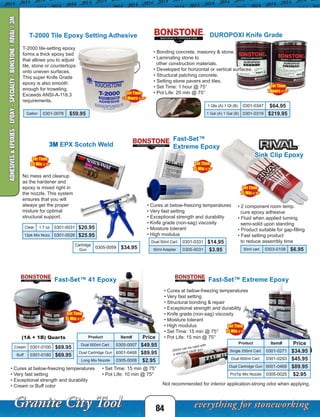 84
T-2000 Tile Epoxy Setting Adhesive
T-2000 tile-setting epoxy
forms a thick epoxy bed
that allows you to adjust
tile, stone or countertops
onto uneven surfaces.
This super Knife Grade
epoxy is also smooth
enough for troweling.
Exceeds ANSI-A-118.3
requirements.
Gallon 0301-0078 $59.95
Dual 50ml Cart. 0301-0331 $14.95
50ml Adapter 0305-0031 $3.95
Fast-Set™
Extreme Epoxy
• Cures at below-freezing temperatures
• Very fast setting
• Exceptional strength and durability
• Knife grade (non-sag) viscosity
• Moisture tolerant
• High modulus
3M EPX Scotch Weld
Clear 1.7 oz 0301-0031 $20.95
12pk Mix Nozz. 0301-0026 $25.95
Cartridge
Gun
0305-0059 $34.95 30ml cart. 0303-0108 $6.95
• 2 component room temp.
cure epoxy adhesive
• Fluid when applied turning
semi-solid upon standing
• Product suitable for gap-filling
• Fast setting product
to reduce assembly time
Sink Clip Epoxy
No mess and cleanup
as the hardener and
epoxy is mixed right in
the nozzle. This system
ensures that you will
always get the proper
mixture for optimal
structural support.
Fast-Set™ 41 Epoxy Fast-Set™ Extreme Epoxy
• Cures at below-freezing temperatures
• Very fast setting
• Structural bonding & repair
• Exceptional strength and durability
• Knife grade (non-sag) viscosity
• Moisture tolerant
• High modulus
• Set Time: 15 min @ 75°
• Pot Life: 15 min @ 75°
• Cures at below-freezing temperatures
• Very fast setting
• Exceptional strength and durability
• Cream or Buff color
(1A + 1B) Quarts
Cream 0301-0100 $69.95
Buff 0301-0180 $69.95
250ml can be used with
a standard caulk gun.
Product Item# Price
Dual 600ml Cart. 0305-0007 $49.95
Dual Cartridge Gun 6001-0468 $89.95
Long Mix Nozzle 0305-0008 $2.95
Product Item# Price
Single 250ml Cart. 0301-0271 $34.95
Dual 600ml Cart. 0301-0293 $45.95
Dual Cartridge Gun 6001-0468 $89.95
ProTip Mix Nozzle 0305-0025 $2.95
DUROPOXI Knife Grade
• Bonding concrete, masonry & stone.
• Laminating stone to
other construction materials.
• Developed for horizontal or vertical surfaces.
• Structural patching concrete.
• Setting stone pavers and tiles.
• Set Time: 1 hour @ 75°
• Pot Life: 20 min @ 75°
1 Qts (A) 1 Qt (B) 0301-0347 $64.95
1 Gal (A) 1 Gal (B) 0301-0319 $219.95
Set Time:
1 Hours @ 75°
Set Time:
15 Min @ 75°
Set Time:
15 Min @ 75°
Set Time:
15 Min @ 75°
Set Time:
+2 Hours @ 75°
Set Time:
15 Min @ 75°
Set Time:
20 Min @ 75°
• Set Time: 15 min @ 75°
• Pot Life: 10 min @ 75°
Not recommended for interior application-strong odor when applying.
ADHESIVES&EPOXIES-EPOXY-SPECIALTY/BONSTONE/RIVAL/3M
 