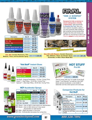 BEFORE
87
“HIDE A SCRATCH”
SYSTEM
Designed to hide scratches in
stone making them virtually
undetectable. Sold exclusively
by Granite City Tool. Now you
don’t need to re-polish a stone if
you find scratches after buffing or
get scratches during transporting.
Imagine the time and money you
will save by not having to redo a job.
This is a must for every fabricator.
AFTER
Description Item # Price
Super Thin - 2oz 0302-0005 $8.99
Thin - 2oz 0302-0001 $8.99
Medium - 2oz 0302-0002 $8.99
Thick - 2oz 0302-0003 $8.99
Activator Spray Aerosol - 6oz 0304-0007 $11.95
Activator Spray - 2oz 0304-0003 $6.99
De-Bonder - 2oz 0304-0004 $12.95
Apply Scratch Remover
Apply Accelerator Spray
Scratch off excess
2oz. Kit: Scratch Removers, Thin,
Medium, Thick, and Accelerator Spray.
Description Item # Price
Hot Stuff - 1/4oz 0302-0008 $2.95
Hot Stuff - 2oz 0302-0009 $10.95
Super ‘T’ - 2oz 0302-0014 $10.95
Special ‘T’- 2oz 0302-0017 $11.95
“Hot Stuff” Instant Glues
Hot Stuff - Original Penetrating - 3-5 Sec. Curing Time.
Super T - Gap Filling - 10-25 Sec. Curing Time.
Special T - Ultra Gap Filling - 20-25 Sec. Curing Time.
Description Item # Price
NCF Stone 3oz Aerosol 0304-0019 $12.95
NCF Quick 6oz Aerosol 0304-0009 $12.95
NCF Mild - 2oz 0304-0013 $7.95
NCF Mild - 8oz Refill 0304-0015 $37.95
NCF Hot - 2oz 0304-0010 $8.95
NCF Hot - 8oz Refill 0304-0012 $43.95
NFC Stone - Use on light or dark stone non discoloration.
NFC Quick - Use on dark stone as it may cause
discoloration on light stones.
NFC Mild - Slight decrease in cure time.
NFC Hot - Dramatically decreases the curing time.
NCF Accelerator Sprays
HOT STUFF
Pro Kit
The kit comes with one 1oz bottle of Hot Stuff,
Super T, and Special T as well as a 6oz NCF
Quick aerosol accelerator, a 2oz bottle of
debonder and two extra spouts and overcaps.
Description Item # Price
Solvent
Debonder - 2oz
0304-0018 $8.95
Pro-Tip Ext.
Applicators Pack/2
0305-0051 $1.95
Replacement Spouts
& Caps for 1oz, 2oz,
& 4oz Bottles Pack/2
0305-0052 $1.95
Replacement Spouts
& Caps for UFO Glue
2 Pack
0305-0053 $1.95
Companion Products for
Hot Stuff
(8MinuteOn-PartLife)
Items to use with Hot Stuff products.
2oz. Kit with Razors: Scratch Removers,
Thin, Medium, Thick, Accelerator Spray,
De-bonder, & 100ct. Razor Blade Box.
ADHESIVES&EPOXIES-REPAIR-CHIP&FILL
6001-0178 $30.00
0302-0024 $39.95
6001-0261 $51.86
 