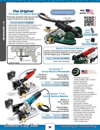1 Year Limited
Warranty
1 Year Limited
Warranty
1 Year Limited
Warranty
94
SINKINSTALLATION-T-31
Pneumatic T-31 Anchor Machine
• Ideal positive anchoring system for bottom mount
sinks & back anchoring for structural facing.
• All machines use standard shank bits for 3/16”,
1/4” and 3/8” size anchor slots.
• Machines Shipped completely assembled
with operation instructions and parts list.
• Heavy duty pneumatic design.
• Supplied with lightweight carrying case.
• Corrosive resistance pivots for smooth operation.
• Reversible cutting operation.
• Alignment indicators on machine frame.
Sink
Bowl
Stone
Sink Clip
Anchor
Call for parts
Electric T-31 Anchor Machine
Pro-Anchor TM
Anchor Machine Pneumatic
Pro-Anchor TM
T-31
Anchor Machine Electric
• Pneumatic and electric
models available, with or without
vacuum base option
• Grinders accept any
T-31 anchor bit with ¼” shank
• Integrated foam handle for
carrying machine or holding
machine in place
• Stainless steel, non-corroding
grinder pivot screws and fasteners
• Industrial quick-couplers for
air & water connections
• Alignment indicators
on machine base
• High-quality miniature
ball valves for air and water
• Durable neoprene rubber vacuum
base seal (CNC water jet cut)
• Machined, anodized aluminum
and stainless steel components
(non-corroding components)
• Carrying/storage case with
custom cut protective foam
• Electric models include
a GFCI adapter plug
1 Year Limited
Warranty
SCANFORVIDEO
Collet
Sleeve
Collet
Nut
Pneumatic 5208-0001 $1,029.95
Electric 5208-0008 $1,195.95
Pneumatic machines with vacuum pad
require 18-20 cfm air at 90-100 psi.
4.5 Amp. 120V electric die grinder on electric models.
Requires ground fault protection circuit. Supplied
with GFI adapter plug. 21,000 RPM
The Original
Call for more information.
Pneumatic 5208-0016 $650.00
Pneumatic with Vac. 5208-0015 $795.00
Electric 5208-0014 $850.00
Electric with Vac. 5208-0013 $995.00
3 SCFM Air
Consumption
at 90 PSI
Makita 3.5
Amp, 120 Volt
AC, 60 Hz
Vacuum Base -
0.5 SCFM Air
Consumption at 80 PSI
Vacuum Base -
0.5 SCFM Air
Consumption at 80 PSI
99-131-0377 $44.00
5208-0006 $44.95
 