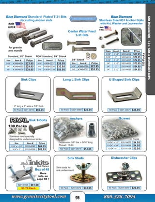 100Packs
Sink T-Bolts
100 Packs
Stainless steel specially
designed for undermount sinks
Size Item # Price
3/16" x 1-1/2" 5201-0097 $64.95
3/16" x 2" 5201-0098 $69.95
Box of 48
$1.70 Each
5201-0104 $81.60
95
SINKINSTALLATION-T-31/SINK&DISHWASHERCLIPS
Blue Diamond
Stainless Steel #31 Anchor Bolts
with Nut, Washer and Lockwasher
Blue Diamond Standard Plated T-31 Bits
for cutting anchor slots
Standard, 3/8” Shank NON Standard, 1/4” Shank
for granite
and marble
Anchors
Long L Sink Clips
Dishwasher Clips
Screws
Sink Studs
Dimension: 3/8” dia. x 9/16” long
Thread: 10-24
100 Packs
Sink studs for
sink undermount
U Shaped Sink ClipsSink Clips
2” long x 1” wide x 1/8” thick
Center Water Feed
T-31 Bits
3/8” Shank
More
info. on
page 98 >
Diam. Length Item # Price
3/16” 1 1/2” 5201-0014 $67.95
3/16” 2” 5201-0015 $70.95
3/16” 2 1/2” 5201-0027 $74.95
1/4” 1 1/2” 5201-0025 $73.95
1/4” 2” 5201-0030 $84.95
1/4” 2 1/2” 5201-0031 $84.95
Size Item # Price
3/16” 4306-0034 $23.95
1/4” 4306-0035 $29.95
3/8” 4306-0036 $39.95
Size Item # Price
3/16” 4306-0037 $26.95
1/4” 4306-0038 $33.95
3/8” 4306-0039 $59.95
50 Pack 5201-0069 $23.95
100 Pack 5201-0074 $12.95
50 Pack 5201-0070 $29.95
10/24” x 1/2” 5201-0073 $4.95
10/24” x 3/4” 5201-0088 $4.95
10/24” x 1” 5201-0108 $5.95
50 Pack 5201-0072 $34.95
50 Pack 5201-0087 $28.9550 Pack 5201-0016 $69.95
Size Item # Price
3/16” 4306-0096 $22.95
1/4” 4306-0097 $26.95
 