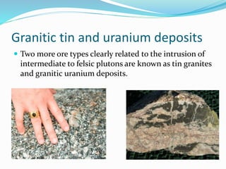 Granitic tin and uranium deposits
 Two more ore types clearly related to the intrusion of
intermediate to felsic plutons are known as tin granites
and granitic uranium deposits.
 