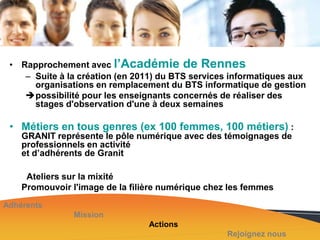 • Rapprochement avec l’Académie de Rennes
– Suite à la création (en 2011) du BTS services informatiques aux
organisations en remplacement du BTS informatique de gestion
possibilité pour les enseignants concernés de réaliser des
stages d'observation d'une à deux semaines

• Métiers en tous genres (ex 100 femmes, 100 métiers) :
GRANIT représente le pôle numérique avec des témoignages de
professionnels en activité
et d’adhérents de Granit
Ateliers sur la mixité
Promouvoir l'image de la filière numérique chez les femmes
Adhérents
Mission
Actions
Rejoignez nous

 