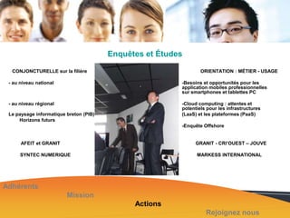 Enquêtes et Études
CONJONCTURELLE sur la filière

ORIENTATION : MÉTIER - USAGE

- au niveau national

-Besoins et opportunités pour les
application mobiles professionnelles
sur smartphones et tablettes PC

- au niveau régional

-Cloud computing : attentes et
potentiels pour les infrastructures
(LaaS) et les plateformes (PaaS)

Le paysage informatique breton (PIB)
Horizons futurs

-Enquête Offshore
GRANIT - CRI’OUEST – JOUVE

AFEIT et GRANIT
SYNTEC NUMERIQUE

MARKESS INTERNATIONAL

Adhérents
Mission
Actions
Rejoignez nous

 