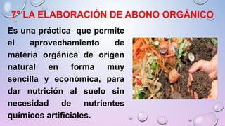 7° LA ELABORACIÓN DE ABONO ORGÁNICO
Es una práctica que permite
el aprovechamiento de
materia orgánica de origen
natural en forma muy
sencilla y económica, para
dar nutrición al suelo sin
necesidad de nutrientes
químicos artificiales.
 