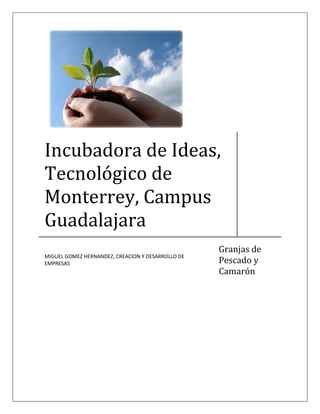 Incubadora de Ideas,
Tecnológico de
Monterrey, Campus
Guadalajara
                                                   Granjas de
MIGUEL GOMEZ HERNANDEZ, CREACION Y DESARROLLO DE
                                                   Pescado y
EMPRESAS
                                                   Camarón
 