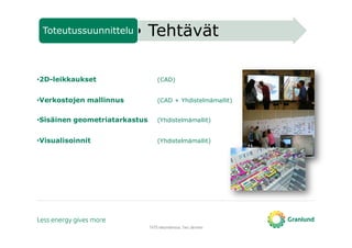•2D-leikkaukset (CAD)
•Verkostojen mallinnus (CAD + Yhdistelmämallit)
•Sisäinen geometriatarkastus (Yhdistelmämallit)
•Visualisoinnit (Yhdistelmämallit)
TATE-tietomallinnus, Tero Järvinen
• TehtävätToteutussuunnittelu
 