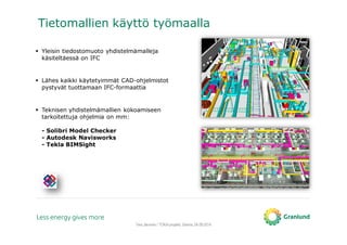 Tero Järvinen / TOKA-projekti, Saimia, 04.09.2014
Tietomallien käyttö työmaalla
Yleisin tiedostomuoto yhdistelmämalleja
käsiteltäessä on IFC
Lähes kaikki käytetyimmät CAD-ohjelmistot
pystyvät tuottamaan IFC-formaattia
Teknisen yhdistelmämallien kokoamiseen
tarkoitettuja ohjelmia on mm:
- Solibri Model Checker
- Autodesk Navisworks
- Tekla BIMSight
 