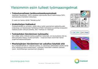 Yleisimmin esiin tulleet työmaaongelmat
Tero Järvinen / TOKA-projekti, Saimia, 04.09.2014
Toteutusvaiheen tarkkuustasokysymykset.
Vaaditaan täydellistä, 100% oikeassa sijainneissa olevia mallinnoksia TATE-
verkostoista (mahdoton toteuttaa).
Ei osata tai haluta nähdä “Metsää puilta”
Urakoitsijan lisälaskut
Yhdistelmämalli on armoton, sieltä näkyy kaikki geometrian epätarkkuudet.
Urakoitsija voi halutessaan heittäytyä erittäin hankalaksi ja aloittaa korjausten
lisälaskutusten sillä perusteella, että “mallissa on risteilyja”
Työnjohdon häviäminen työmaalta
Kun ollaan tehty riittävän tarkka graafinen tietomalli, voi seurauksena olla se,
että työnjohto häipyy muille työmaille – niissä tarvitaan enemmän hänen
ongelmanratkaisutaitojaan
Maalaisjärjen häviäminen tai uskallus käyttää sitä
Kun yhdistelmämalli on riittävän tarkka, ei urakoitsija välttämättä uskalla tehdä
omia ratkaisuja asennusteknisesti. Luotetaan tietomallin sisältöön sokeasti
(esim. Venttiilikarojen asentaminen ylöspäin)
 
