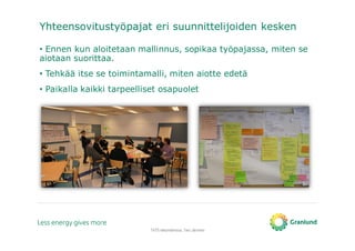 Yhteensovitustyöpajat eri suunnittelijoiden kesken
• Ennen kun aloitetaan mallinnus, sopikaa työpajassa, miten se
aiotaan suorittaa.
• Tehkää itse se toimintamalli, miten aiotte edetä
• Paikalla kaikki tarpeelliset osapuolet
TATE-tietomallinnus, Tero Järvinen
 