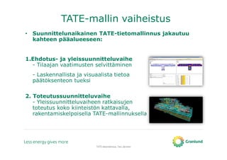 TATE-mallin vaiheistus
• Suunnittelunaikainen TATE-tietomallinnus jakautuu
kahteen pääalueeseen:
1.Ehdotus- ja yleissuunnitteluvaihe
- Tilaajan vaatimusten selvittäminen
- Laskennallista ja visuaalista tietoa
päätöksenteon tueksi
2. Toteutussuunnitteluvaihe
- Yleissuunnitteluvaiheen ratkaisujen
toteutus koko kiinteistön kattavalla,
rakentamiskelpoisella TATE-mallinnuksella
TATE-tietomallinnus, Tero Järvinen
 
