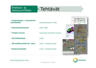 • Vaatimukset / simuloinnit
tavoitteiksi (Taulukkolaskenta / BIM)
• Palvelualuekaaviot (CAD / BIM)
• Tilojen varaus (keskustele arkkitehdin kanssa)
• 2D-leikkaukset (CAD)
• 3D-mallihuoneet tai –alue (CAD + Yhdistelmmallit)
• Runkoverkostot (CAD + Yhdistelmmallit)
TATE-tietomallinnus, Tero Järvinen
• TehtävätEhdotus- ja
yleissuunnittelu
 