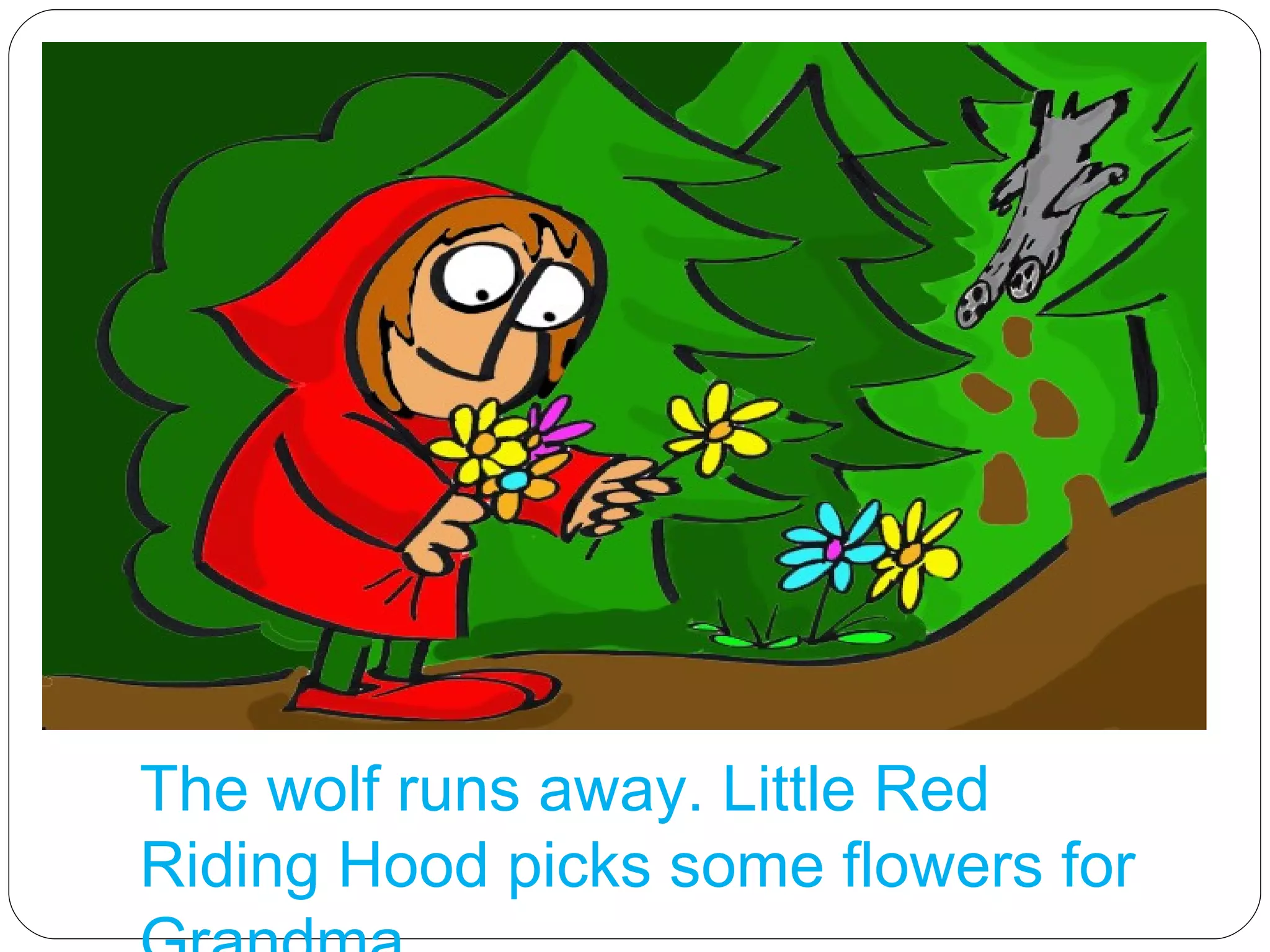 The wolf runs away. Little Red Riding Hood picks some flowers for Grandma. 