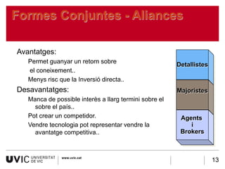 Formes Conjuntes - Aliances

Avantatges:
   Permet guanyar un retorn sobre
                                                        Detallistes
   el coneixement..
   Menys risc que la Inversió directa..
Desavantatges:                                          Majoristes
   Manca de possible interès a llarg termini sobre el
     sobre el país..
   Pot crear un competidor.                              Agents
   Vendre tecnologia pot representar vendre la              i
     avantatge competitiva..                             Brokers



               www.uvic.cat
                                                                      13
 
