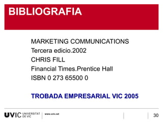 BIBLIOGRAFIA

   MARKETING COMMUNICATIONS
   Tercera edicio.2002
   CHRIS FILL
   Financial Times.Prentice Hall
   ISBN 0 273 65500 0

   TROBADA EMPRESARIAL VIC 2005

       www.uvic.cat
                                   30
 