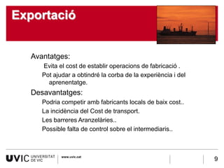Exportació


   Avantatges:
      Evita el cost de establir operacions de fabricació .
      Pot ajudar a obtindré la corba de la experiència i del
        aprenentatge.
   Desavantatges:
      Podria competir amb fabricants locals de baix cost..
      La incidència del Cost de transport.
      Les barreres Aranzelàries..
      Possible falta de control sobre el intermediaris..



             www.uvic.cat
                                                               14-8
                                                                      9
 