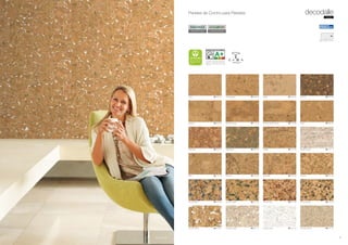 *Information sur le niveau d’émission de
substances volatiles dans l’air intérieur,
présentant un risque de toxicité par in-
halation, sur une échelle de classe allant
de A+ (très faibles émissions) à C (fortes
émissions)
no added formaldehyde
AGGL PURe
flexible wax coating
PARAWAX GLUE-DOWN
42
decodalle
Grain	 05 020 00
Element	 05 800 00
Twist Red	 05 900 91
River	 05 131 00
Country Blue	 05 241 87
Country White	 05 241 81
Champagner	 05 039 00
Element Rustic	 05 110 00
Twist Black	 05 900 93
Canyon	 05 155 00
Country Green	 05 241 88
Country Cream	 05 241 71
Mystic	 05 440 00
Element Rustic Brown	 05 110 86
Parallel	 05 121 00
Kwadraat	 05 160 00
Country Red	 05 241 89
Country Ivory	 05 241 72
Mocha	 05 100 00
Twist	 05 900 00
Parallel Cream	 05 121 11
Country	 05 241 00
Country Black	 05 241 90
Country Camel	 05 241 73
Country white
600 x 300 x 3 mm
05
Paneles de Corcho para Paredes
nuevo
 