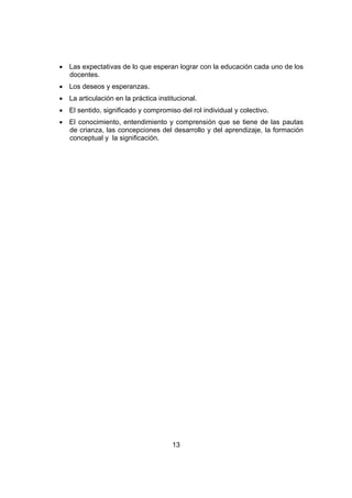 13
 Las expectativas de lo que esperan lograr con la educación cada uno de los
docentes.
 Los deseos y esperanzas.
 La articulación en la práctica institucional.
 El sentido, significado y compromiso del rol individual y colectivo.
 El conocimiento, entendimiento y comprensión que se tiene de las pautas
de crianza, las concepciones del desarrollo y del aprendizaje, la formación
conceptual y la significación.
 