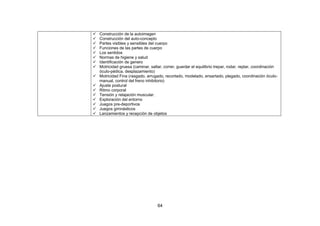 64
 Construcción de la autoimagen
 Construcción del auto-concepto
 Partes visibles y sensibles del cuerpo
 Funciones de las partes de cuerpo
 Los sentidos
 Normas de higiene y salud
 Identificación de genero
 Motricidad gruesa (caminar, saltar, correr, guardar el equilibrio trepar, rodar, reptar, coordinación
óculo-pédica, desplazamiento)
 Motricidad Fina (rasgado, arrugado, recortado, modelado, ensartado, plegado, coordinación óculo-
manual, control del freno inhibitorio)
 Ajuste postural
 Ritmo corporal
 Tensión y relajación muscular.
 Exploración del entorno
 Juegos pre-deportivos
 Juegos gimnásticos
 Lanzamientos y recepción de objetos
 