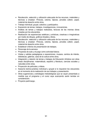 91
 Recolección, selección y utilización adecuada de los recursos, materiales y
técnicas a emplear: Pinturas, colores, lápices, pinceles colbón, papel,
material de desecho entre otros.
 Trabajo individual, grupal, colectivo y participativo.
 Exposición de temas, trabajos, investigaciones, innovaciones.
 Análisis de temas y trabajos realizados, lecturas de las mismas obras
creadas por los educandos.
 Realización de experiencias estéticas y artísticas, creativas e imaginativas
por medio de dibujos, gráficos lineales y libres.
 Recolección, selección y utilización adecuada de los recursos, materiales y
técnicas a emplear: Pinturas, colores, lápices, pinceles colbón, papel,
material de desecho entre otros.
 Establecer criterios de presentación de trabajos.
 Personaje de la semana
 Proyectos de aula y el juego como actividad básica.
 Visitas y salidas pedagógicas a exposiciones, museos, centros de interés,
bibliotecas, galerías, casa de la cultura entre otros.
 Integración y relación de temas y trabajos de Educación Artística con otras
áreas disciplinarias: matemáticas, español y literatura, ciencias sociales y
naturales entre otras.
 Proyección de películas y videos.
 Asesoría teórico-práctica individual y grupal si lo requieren los educandos
en el momento de la realización de sus trabajos y presentación.
 Otras sugerencias y estrategias metodológicas que se vayan presentado a
medida que el programa y el curso vaya avanzando serán tenidas en
consideración.
 Proyecto padrinazgo.
 