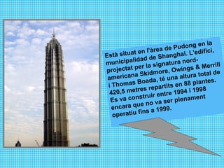 Està situat en l'àrea de Pudong en la municipalidad de Shanghai. L'edifici, projectat per la signatura nord-americana Skidmore, Owings & Merrill i Thomas Boada, té una altura total de 420,5 metres repartits en 88 plantes. Es va construir entre 1994 i 1998 encara que no va ser plenament operatiu fins a 1999.  