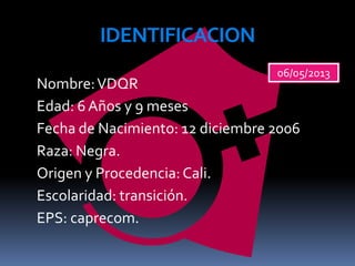 IDENTIFICACION
Nombre:VDQR
Edad: 6 Años y 9 meses
Fecha de Nacimiento: 12 diciembre 2006
Raza: Negra.
Origen y Procedencia: Cali.
Escolaridad: transición.
EPS: caprecom.
06/05/2013
 