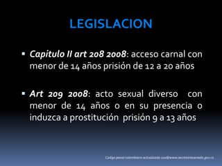  Capitulo II art 208 2008: acceso carnal con
menor de 14 años prisión de 12 a 20 años
 Art 209 2008: acto sexual diverso con
menor de 14 años o en su presencia o
induzca a prostitución prisión 9 a 13 años
LEGISLACION
Codigo penal colombiano actualizado 2008/www.secretariasenado.gov.co
 