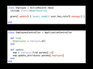 class Employee < ActiveRecord::Base
  include Grant::ModelSecurity

 grant(:update) { |user, model| user.has_role?(:manager) }

end



class EmployeesController < ApplicationController

 def list
   @employees = Employee.all
 end

  def update
    emp = Employee.find params[:id]
    emp.update_attributes params[:employee]
  end
end
 