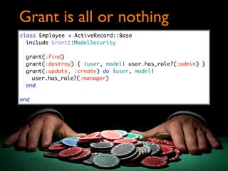 Grant is all or nothing
class Employee < ActiveRecord::Base
  include Grant::ModelSecurity

 grant(:find)
 grant(:destroy) { |user, model| user.has_role?(:admin) }
 grant(:update, :create) do |user, model|
   user.has_role?(:manager)
 end

end
 