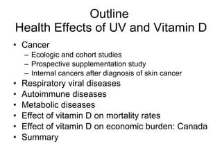 Outline  Health Effects of UV and Vitamin D Cancer Ecologic and cohort studies Prospective supplementation study Internal cancers after diagnosis of skin cancer Respiratory viral diseases Autoimmune diseases Metabolic diseases Effect of vitamin D on mortality rates Effect of vitamin D on economic burden: Canada Summary  