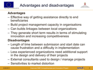 EC ProcurementAll procurement is completed through a contracting process.  There are 4 types of contract:Service contract: provision of know-how/trainingSupply contract: equipment and materialsWorks contract: infrastructure/engineering worksGrant contract: direct payment of non-commercial nature3/23/2011Improved SME Competitiveness and Innovation Project5
