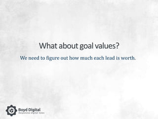 What about goal values? 
We need to figure out how much each lead is worth. 
 