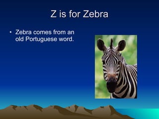 Z is for Zebra Zebra comes from an old Portuguese word. 