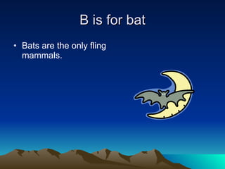 B is for bat Bats are the only fling mammals. 