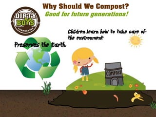 Why Should We Compost?
Good for future generations!
Preserves the Earth
Children learn how to take care of
the environment
 