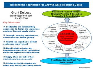 Building the Foundation for Growth While Reducing Costs

                                                     Customer Focused Solutions
        Grant Delbecq                               Strategic Planning & Execution
       grdelbecq@msn.com                             Leadership & Team Building
            214.435.0388

Key Deliverables:
                                                                   Balanced
                                                                                Multi-Functional
 Leadership and teambuilding                     Customer &
                                                                   Scorecard
                                                                                  & Cultural
experience to design and implement                 Supplier
                                                                    & Metrics
                                                                                              Customer
customer focused supply chains                     Alliances
                                                                                              Service
                                          Continuous Process
                                                                   Grant Delbecq
 Strategic sourcing excellence to
                                            Improvement           Supply Chain Leader        Logistics Design &
lower costs and enable growth                                       P&L Management               Execution
                                                                  Alliance Development
 Operations expertise to deliver                Strategic
continuous improvement                           Sourcing
                                                                                         Inventory &
                                                              Demand                      Cash Flow
 Global logistics design and                                Planning &
                                                                            Supplier
                                                                                         Management
                                                             Forecasting
implementation skills to reduce lead                                       Management
times and improve customer service

 Supply Chain execution that
maximizes returns on assets
                                                    Cost Reduction and Cash Flow
                                                            Improvement
 Collaborative and empowering
leader that delivers sustaining results
                                                                                               © 2009, Grant Delbecq
 