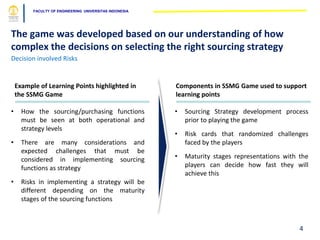 FACULTY OF ENGINEERING UNIVERSITAS INDONESIA
The game was developed based on our understanding of how
complex the decisions on selecting the right sourcing strategy
Decision involved Risks
4
• How the sourcing/purchasing functions
must be seen at both operational and
strategy levels
• There are many considerations and
expected challenges that must be
considered in implementing sourcing
functions as strategy
• Risks in implementing a strategy will be
different depending on the maturity
stages of the sourcing functions
Example of Learning Points highlighted in
the SSMG Game
Components in SSMG Game used to support
learning points
• Sourcing Strategy development process
prior to playing the game
• Risk cards that randomized challenges
faced by the players
• Maturity stages representations with the
players can decide how fast they will
achieve this
 