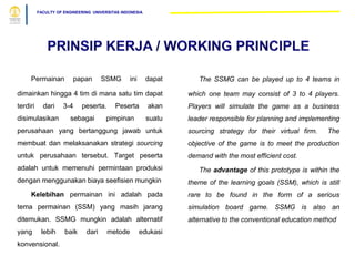 FACULTY OF ENGINEERING UNIVERSITAS INDONESIA
Permainan papan SSMG ini dapat
dimainkan hingga 4 tim di mana satu tim dapat
terdiri dari 3-4 peserta. Peserta akan
disimulasikan sebagai pimpinan suatu
perusahaan yang bertanggung jawab untuk
membuat dan melaksanakan strategi sourcing
untuk perusahaan tersebut. Target peserta
adalah untuk memenuhi permintaan produksi
dengan menggunakan biaya seefisien mungkin
Kelebihan permainan ini adalah pada
tema permainan (SSM) yang masih jarang
ditemukan. SSMG mungkin adalah alternatif
yang lebih baik dari metode edukasi
konvensional.
The SSMG can be played up to 4 teams in
which one team may consist of 3 to 4 players.
Players will simulate the game as a business
leader responsible for planning and implementing
sourcing strategy for their virtual firm. The
objective of the game is to meet the production
demand with the most efficient cost.
The advantage of this prototype is within the
theme of the learning goals (SSM), which is still
rare to be found in the form of a serious
simulation board game. SSMG is also an
alternative to the conventional education method
 