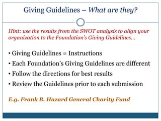 Constructing the Boilerplate an introduction to The Case and Case StatementsTo maintain alignment with organizational needs and donors’ desires, the following questions should be answered:What is the problem or social need that is central to our concern?What special services or programs do we offer to respond this need?Why are the problems and services important?What constitutes the market for our services?Are others doing what we are doing to serve our market – and perhaps doing it better?Do we have a written plan with a statement of philosophy, objectives, and a program?What are the are the specific financial needs against which private gift support will be sought?Is the organization competent enough to carry out the defined program?Who are the people associated with the organization: staff, key volunteers, trustees, directors?Who should support the organization?