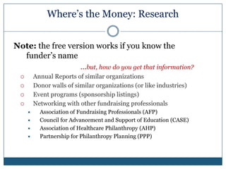 Where’s the Money: ResearchResearching Foundation GrantsThe 990 – All non-profit/501(c)3 IRS Status file thee 990 as their annual tax return (foundations are non-profit/501(c)3 IRS Status)