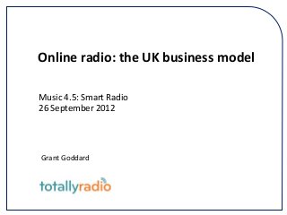 Online radio: the UK business model
Music 4.5: Smart Radio
26 September 2012

Grant Goddard

 
