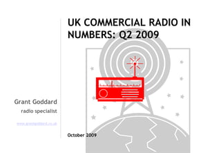 UK COMMERCIAL RADIO IN
NUMBERS: Q2 2009

Grant Goddard
radio specialist
www.grantgoddard.co.uk

October 2009

 