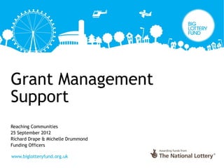 Grant Management
Support
Reaching Communities
25 September 2012
Richard Drape & Michelle Drummond
Funding Officers
 