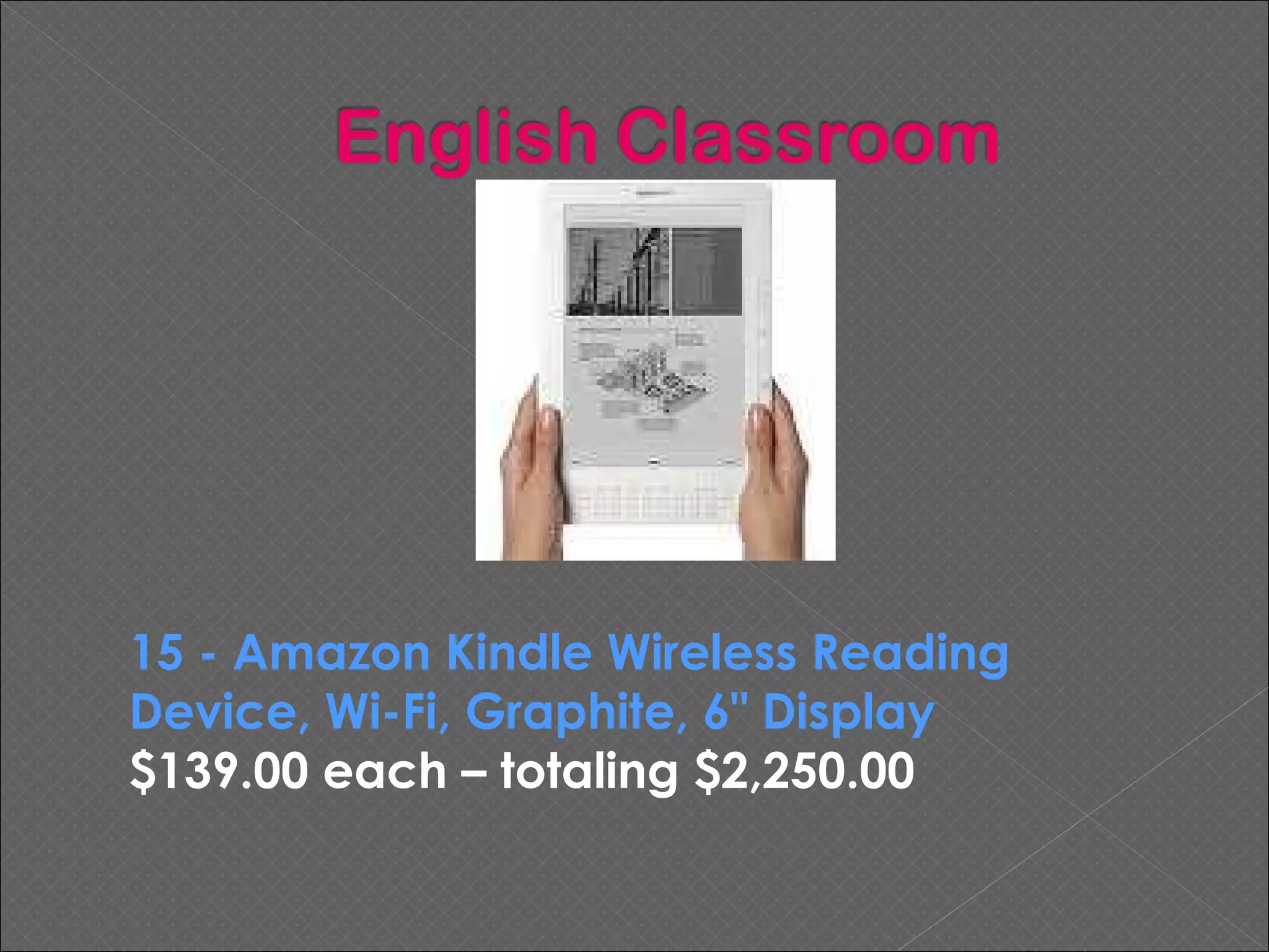 15 - Amazon Kindle Wireless Reading Device, Wi-Fi, Graphite, 6" Display $139.00 each – totaling $2,250.00 
