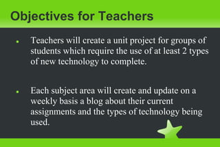 Students will improve their performance on a variety of academic goals.Objectives for TeachersTeachers will create and display a lesson at the end of the training session, using that day’s selected format, to be reviewed and critiqued by the expert.