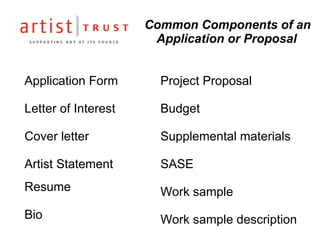 Common Components of an Application or Proposal Application Form Letter of Interest Cover letter Artist Statement   Resume Bio Project Proposal Budget Supplemental materials SASE Work sample Work sample description 