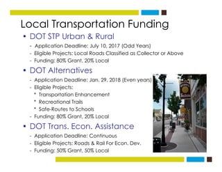 Local Transportation Funding
• DOT STP Urban & Rural
- Application Deadline: July 10, 2017 (Odd Years)
Eligible Projects: ...
