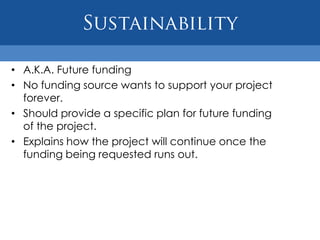 IntroductionUsed to introduce the applicant agency to the funder.Clearly describes the experience and expertise of the applicant agency.“Shakes hands” with the funder.