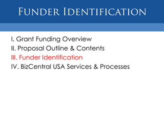 ObjectivesDefines clear goals and objectives.Should tie directly to the need statement.Should contain at least one goal and two objectives.Goal- Broad based statement of the ultimate expected result.Objective- Measurable, time-specific result expected of the project.
